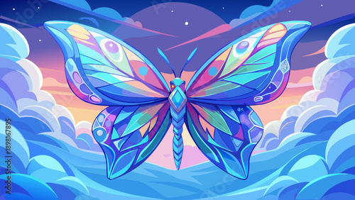 Very beautiful translucent crystal butterfly floating high in a blue sky, shimmering with iridescent wings among soft clouds, creating an elegant and conceptual fantasy design element.
