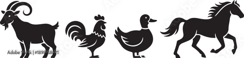 flat design animals silhouette set goat rooster duck horse
