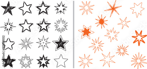 A collection of hand-drawn stars and celestial bursts in black and orange ink. Features various sketchy styles including multi-pointed starbursts and textured five-point icons.