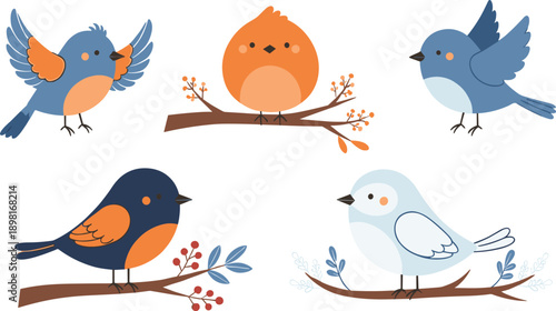 Cute Cartoon Bird Vector Illustration Set with Colorful Songbirds Sitting on Branches for Nature, Spring, Kids, and Nursery Design Projects