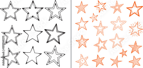 A comprehensive set of hand-drawn star doodles. Features double-lined black star outlines on the left and a variety of orange-red sketchy stars with dots, hatching, and sparkles on the right.