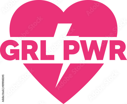 GRL PWR lightning heart typography design vector illustration for girl power female strength feminism and rights activism on transparent background.