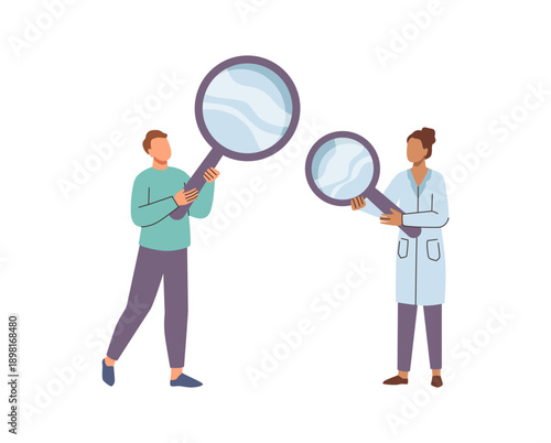 Medical personnel holding magnifying glasses. Vector laboratory workers doing scientific research. Physician using magnifier for detailed inspection. Care and diagnose health conditions
