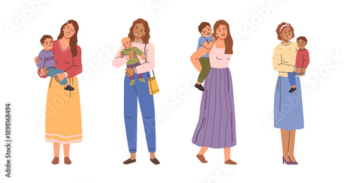 Mommies holding children, isolated set of smiling female characters with kids in hands. Vector women caring for kid, maternity and parenting, devotion and love. Motherhood and childhood