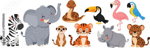 Cute Cartoon Safari and Zoo Animal Vector Illustration Set with Elephant, Tiger, Rhino, Zebra, Flamingo, Toucan, Snake, and Colorful Wildlife Characters
