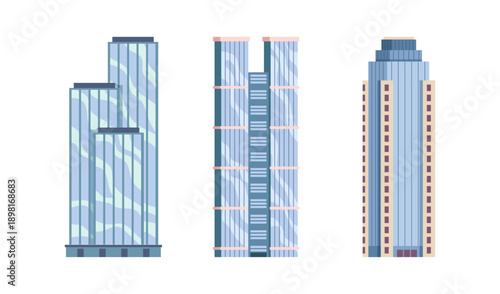 Tall buildings exterior and facades of modern skyscrapers. Vector in flat style, isolated landmarks of downtown. Cityscape or skyline construction with windows and terraces for walking