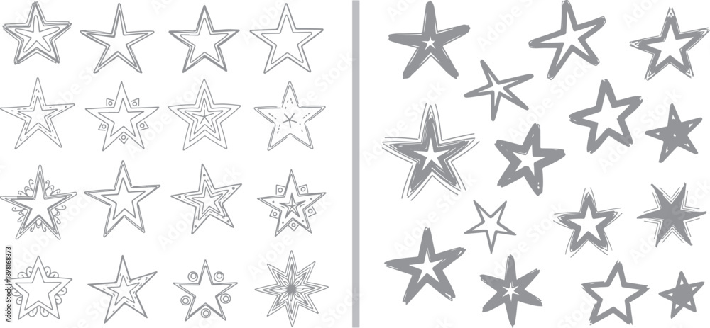 Fototapeta premium A versatile set of hand-drawn star doodles. The left side features intricate, multi-layered grey outlines, while the right side displays bold, solid grey star shapes and sketchy silhouettes.