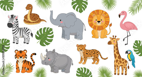 Photography Cute Cartoon Safari Animal Vector Illustration Set with Lion, Elephant, Giraffe,
