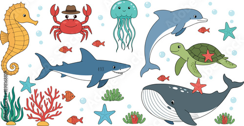 Cute Cartoon Sea Animals Vector Illustration Set with Dolphin, Shark, Whale, Turtle, Seahorse, Crab, Jellyfish, and Underwater Ocean Elements for Kids Designs