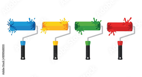 Four brightly colored paint rollers covered in splatters ready for house renovation projects