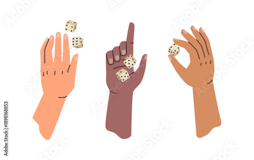 Dice for throwing and making turns, isolated hands with game cubes with dots. Vector fun and recreation, sports or competition. Gambling and entertaining, having fun and spending free time