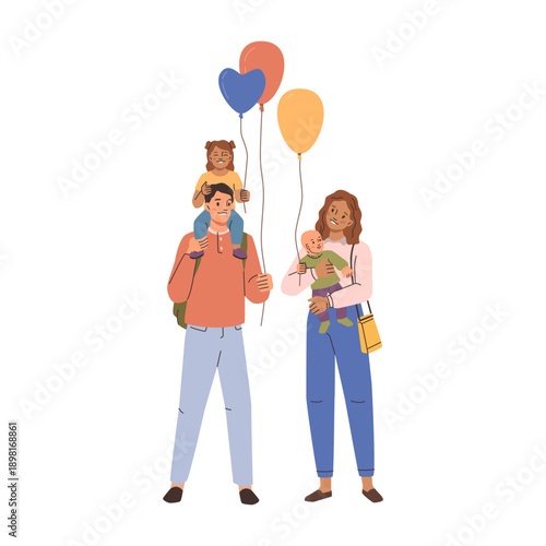 Parents with kids, isolated happy family with balloons. Vector father carrying daughter on shoulders and mother holding baby. Children with helium inflatable objects on festive celebration