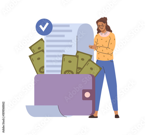 Woman holding and looking at long paper bill. Vector isolated female cartoon character scrolling giant epaymant document, shopping statement or tax invoice. Successfully completed payment