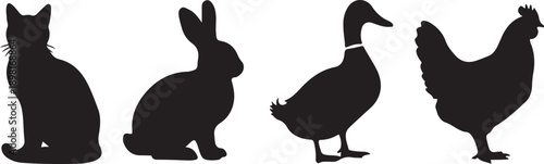 four animal silhouettes cat rabbit duck chicken