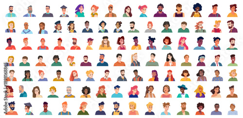 Collection of diverse avatars of happy people. Vector isolated smiling cartoon characters icons. Multicultural portraits of men and women personages. Workers, students and businessmen community