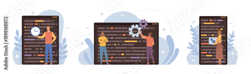 Little people programmers coding and fixing bugs in project. Vector big laptop screens with program codes. Small cartoon characters correcting errors in forecasts. Technology and electronic appliance