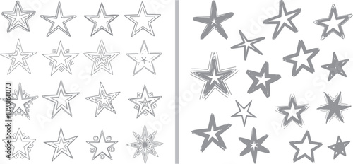 A versatile set of hand-drawn star doodles. The left side features intricate, multi-layered grey outlines, while the right side displays bold, solid grey star shapes and sketchy silhouettes.