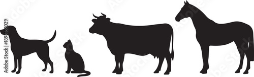 four animal silhouettes dog cat cow horse