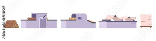 Papermaking industry, isolated set of materials used for making paper. Vector in flat style, machinery, input resource and output product.. Creating cellulose and recycling timber logs