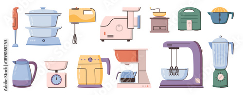 Modern electric kitchen appliances. Vector device for cooking. Meat grinder and scales, kettle and blender, toaster and mixer, steamer and pressure cooker, coffee maker and grinder, juicer