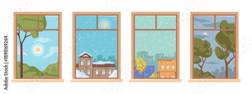 Different seasons and weather outside, looking out of window. Vector in flat style, isolated set of landscapes during winter and spring, summer and autumn. Cities and countryside with park or garden