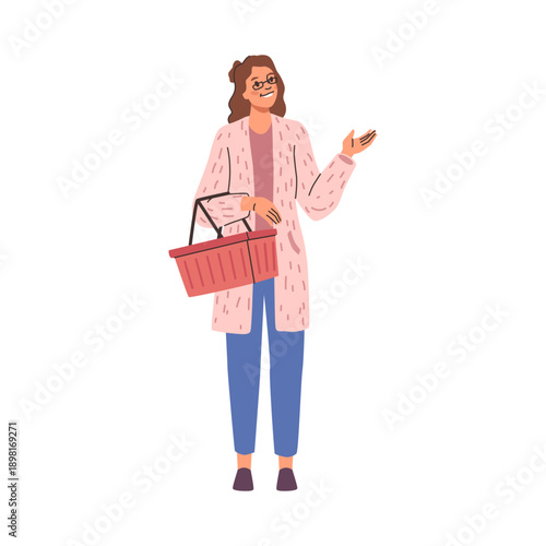 Woman customer carrying cart walking and choosing products in grocery store or supermarket. Vector in flat style, isolated female character pointing and gesturing, home chores buying produce
