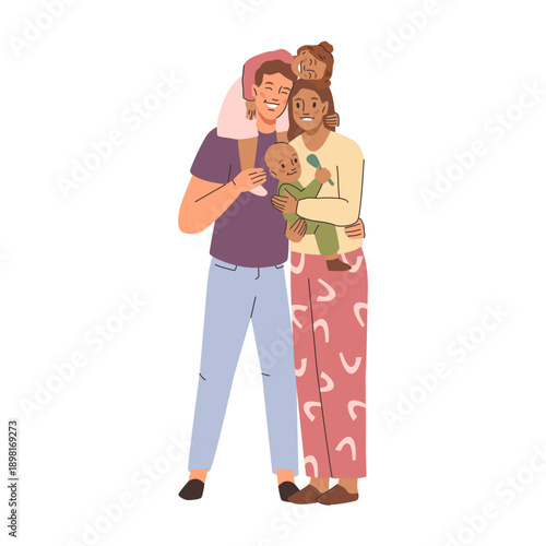 Mother with baby and father with kid sitting on shoulders, generation embracing. Vector isolated family hugging and support. People spending time together. Togetherness and bonding people
