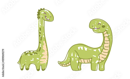 Dinosaur with long tail and neck, isolated cute kid draw. Vector smiling prehistoric animal from Jurassic period, old era wildlife and fauna personages. Extinction and evolution, huge green monster