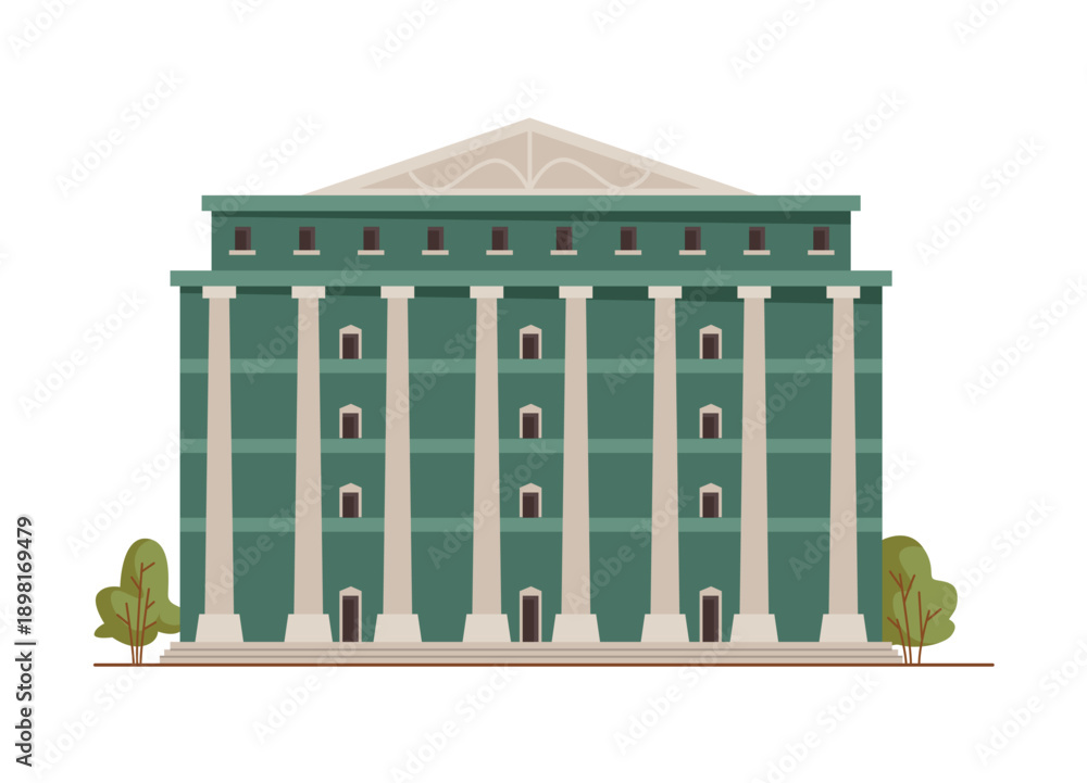 Obraz premium Bank building facade, government institution. Vector isolated architecture facility with columns, university or school establishment. Landscape design and surrounding area, town infrastructure