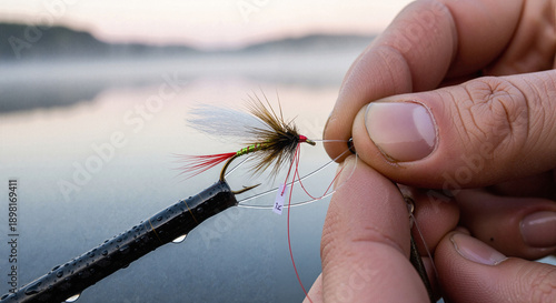 Close-up of angler hands tying a fly fishing lure by a misty lake at dawn for outdoor sport and recreation