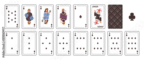 Combinations of number and face playing cards with joker. Vector open poker decks with black suits of clubs. Entertainment and having fun, hobbies and leisure. Competition and social interaction