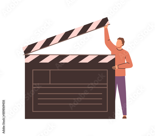 Filmmaking industry, isolated small man holding big movie clapper for starting action. Vector cinematography and cinema recording equipment. Making films and production by directors and actors