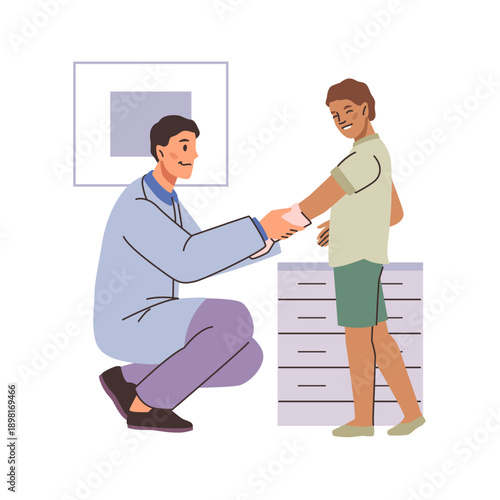 Physiotherapy and care after injury. Vector isolated flat, child going through recovery and gaining mobility. Clinic or hospital specialist, working with disabled arm, fractured hand or bad joints