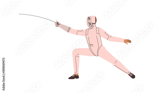 Professional fencing sports or hobby. Vector in flat style, isolated personage with sword attacking. Competition or training activity. Strengthening skills and muscles, person in mask