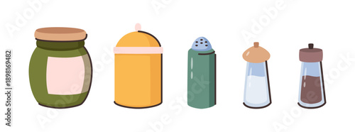 Glass and porcelain containers for storing loose substances in kitchen. Vector isolated salt and pepper shakers, sugar bowls and flour storage jars. Cooking ingredients and condiments for meals