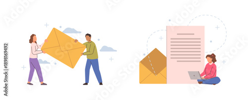 Large letters and envelopes and small people. Vector isolated characters subscription to news. Users reading emails from company, branding and marketing correspondence for business documents
