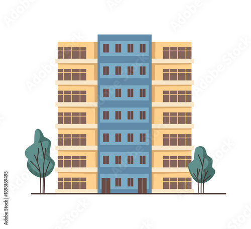 City highrise building with different entrances. Vector isolated modern residential construction with panoramic windows. Urban structure for apartments. Establishment accommodation for people