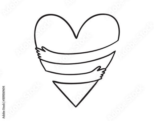 Minimal heart embraced by arms symbol, hugging heart line hand drawn doodle clean black line logo concept for wellness brands and nonprofit campaigns, scalable vector friendly for merchandise and web