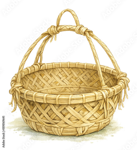 Empty Thai Bamboo Basket Isolated on Transparent Background