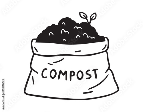 Bold compost bag filled with dark soil, high contrast silhouette doodle suited for labels and packaging, strong graphic presence for sustainable product branding and waste management signage