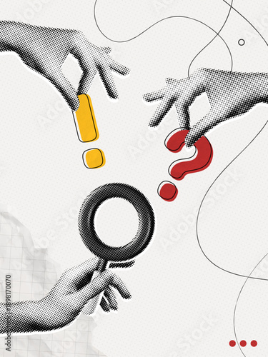 Trendy Halftone Collage Hands with magnifying glass, question and exclamation marks. Problem analysis. Find solution or answer to cause or incident. Ask for reply. Contemporary vector illustration art
