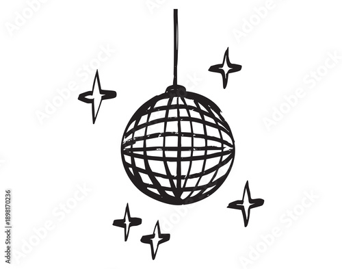doodle disco ball sketch radiating celebration, rough dry texture brush lines, grid mirror facets, surrounding star sparkles, hanging cord, playful retro energy perfect for party branding, poster,