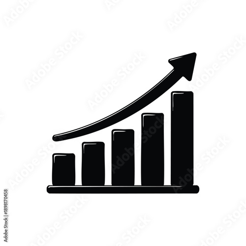 Black and white vector bar chart with rising arrow symbol of harvest growth and agricultural yield increase