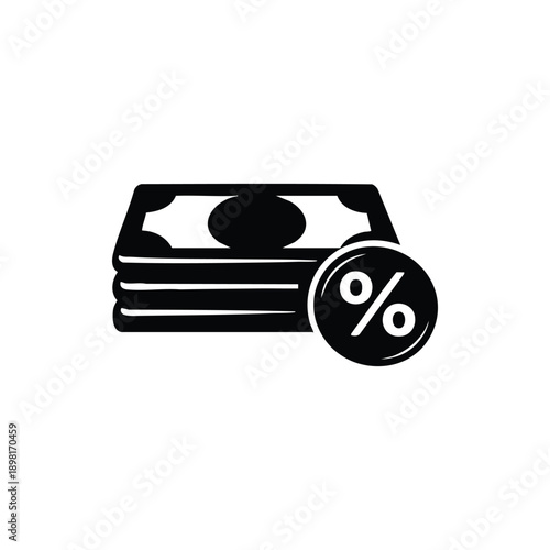 Black and white vector stack of money with percent symbol icon for finance loan interest and investment concept