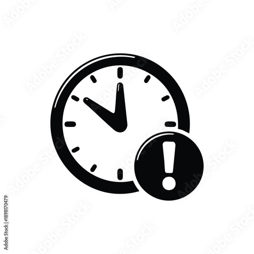 Black and white vector clock with warning exclamation mark time alert deadline concept icon