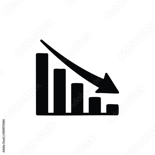 Black and white vector of declining harvest yield bar chart with downward arrow symbolizing crop failure and poor agricultural season
