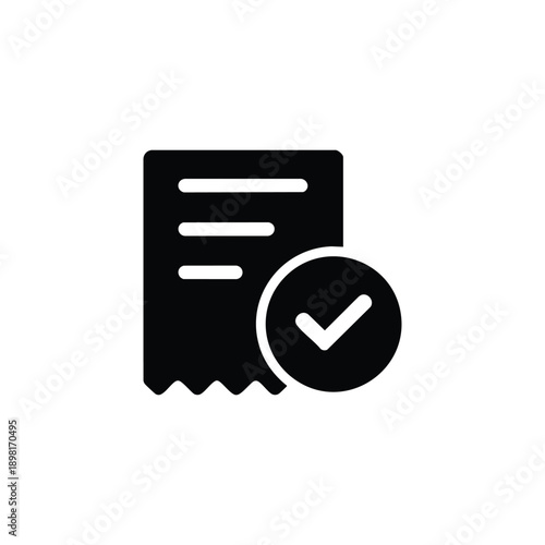 Black and white vector harvest checklist icon with approved document and check mark symbol