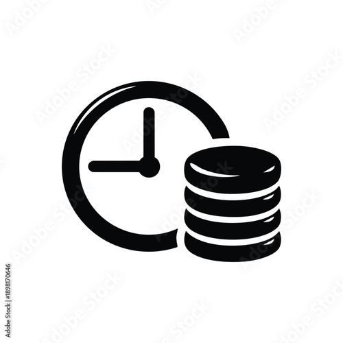 Black and white vector icon of time is money with clock and stack of coins for financial harvest concept