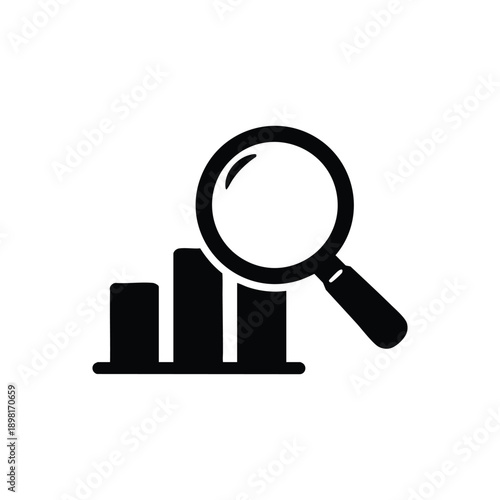 Black and white harvest analytics icon with magnifying glass over bar chart crop yield statistics vector illustration
