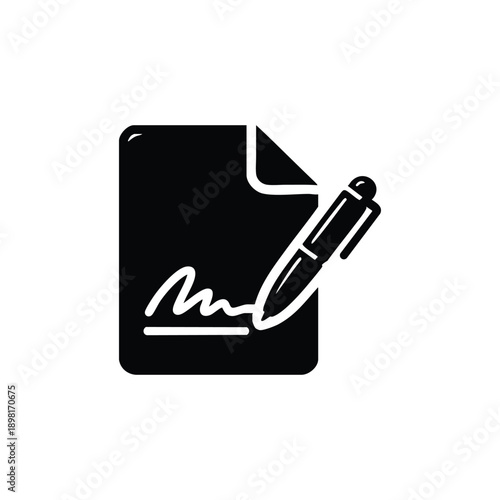 Black and white vector contract document with signature and pen icon for agreement and legal paperwork